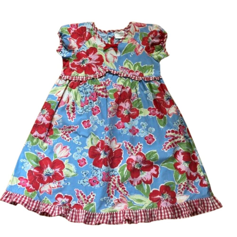 Hanna Andersson Dress SS Floral and Checks Colorful Gingham Buttons sz 110, sz 5